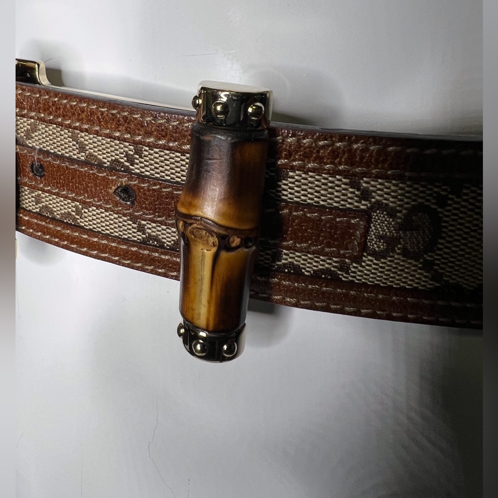 Gucci Bamboo Brown Gold Tan Leather Jackie Fabric GG Monogram Belt - Picture 4 of 10